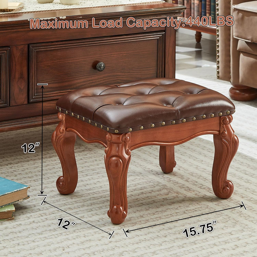 Foot Stools Ottoman, Small Vintage Leather Footstool for Living Room, Solid W...