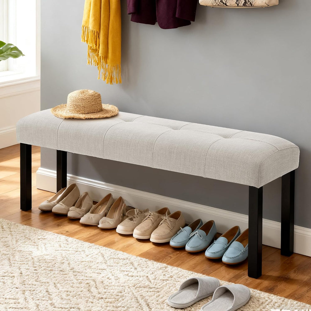 Dining Bench, Rubber Wood Dining Room Bench with Linen Upholstered Seat, for ...