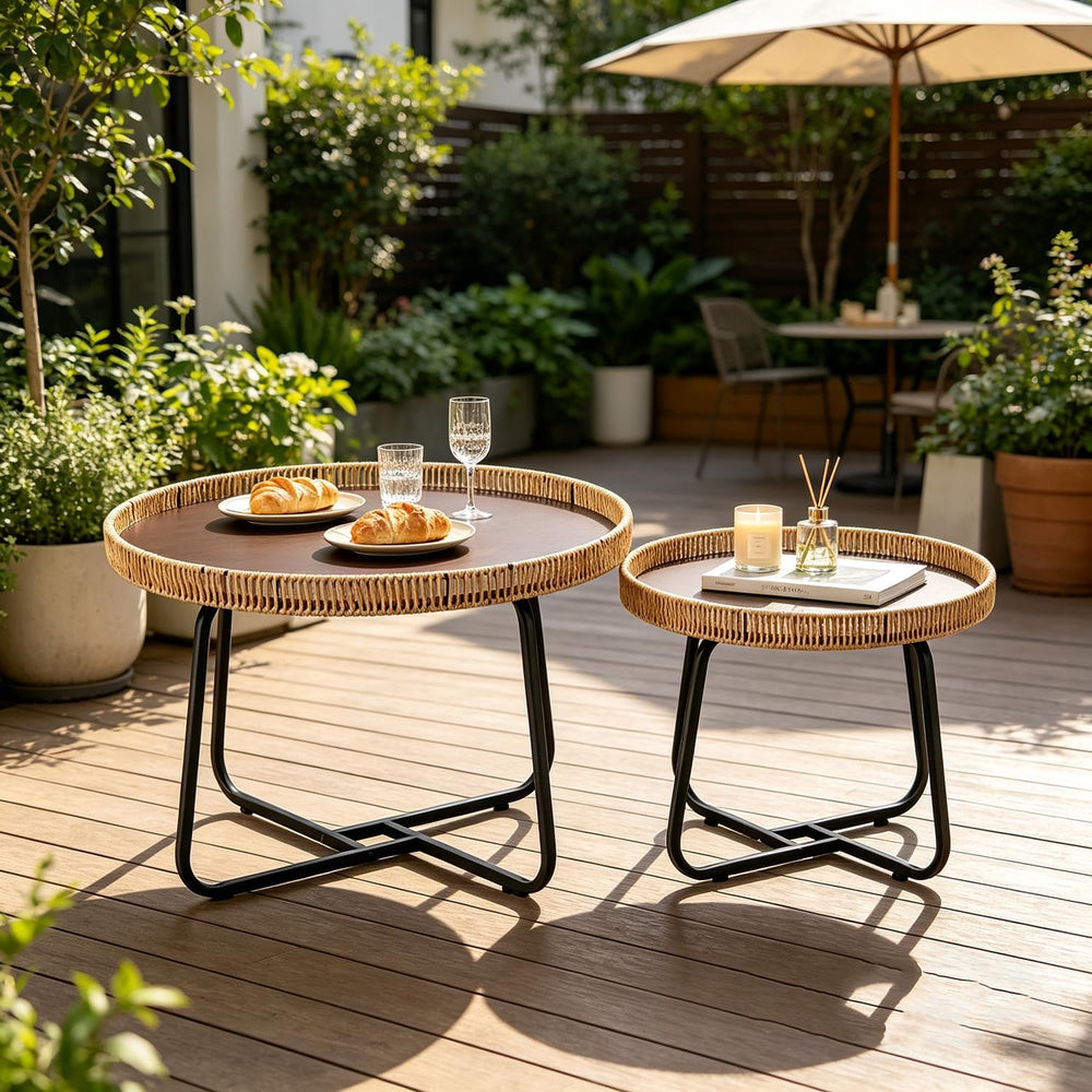 Round Woven Nesting Table, Wicker Coffee Table and Side Table Set of 2 | Meta...
