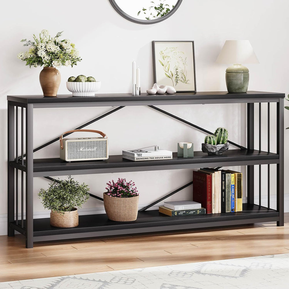 LVB Farmhouse Industrial Console Table for Home, Black Oak, 70 Inch | Wood Me...