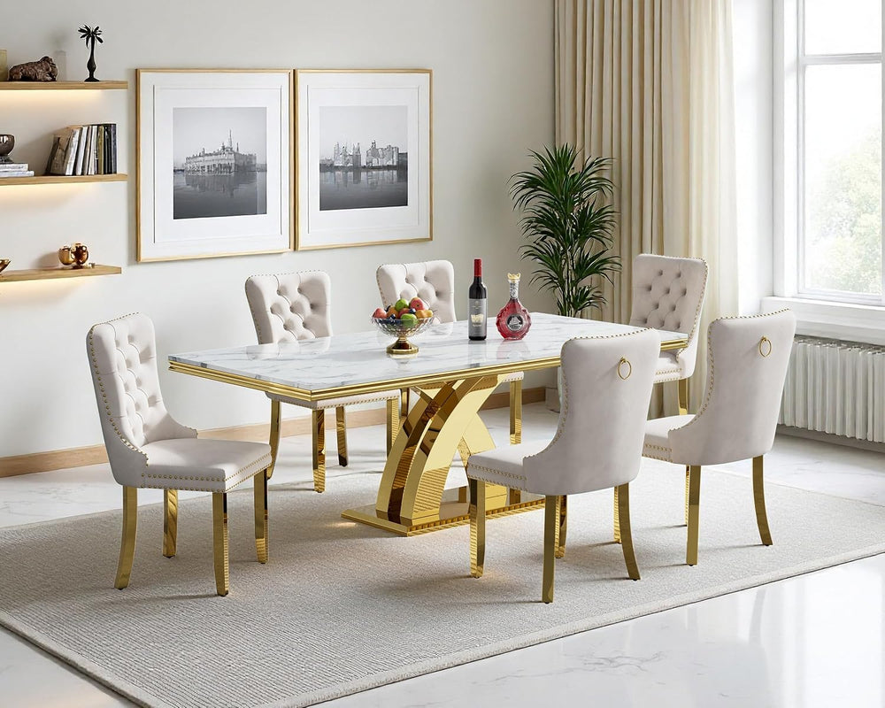 Luxury 7 Piece Dining Set, Modern 68.11" Faux Marble Dining Table with 6...
