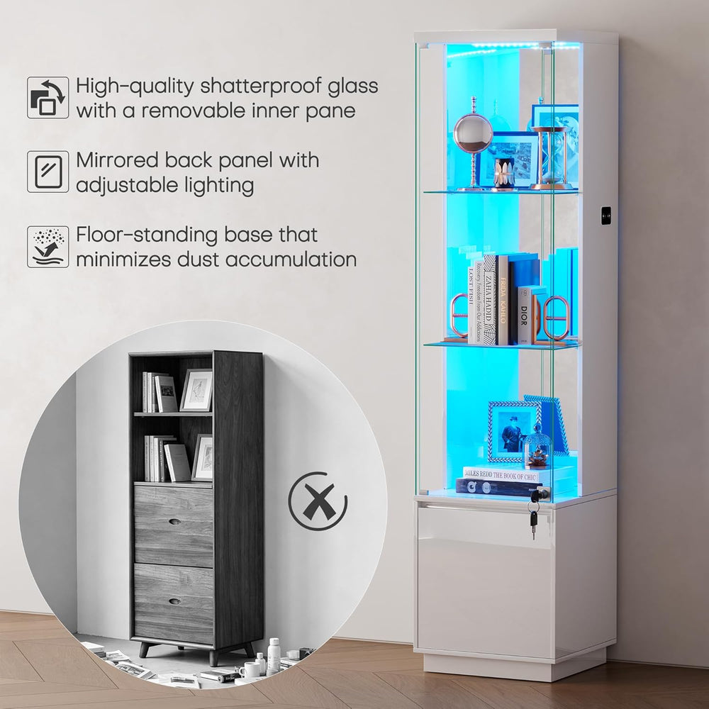 WOOVIVS 64.9" Glass Display Cabinet with Lock & 3-Color LED Lights, ...