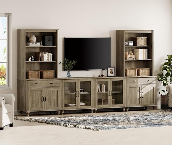 WAMPAT Entertainment Center with Bookshelves for TVs up to 75", Farmhous...