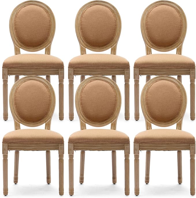 Linen Upholstered Dining Chairs Set of 6 French Country Oval Fabric Back Kitc...