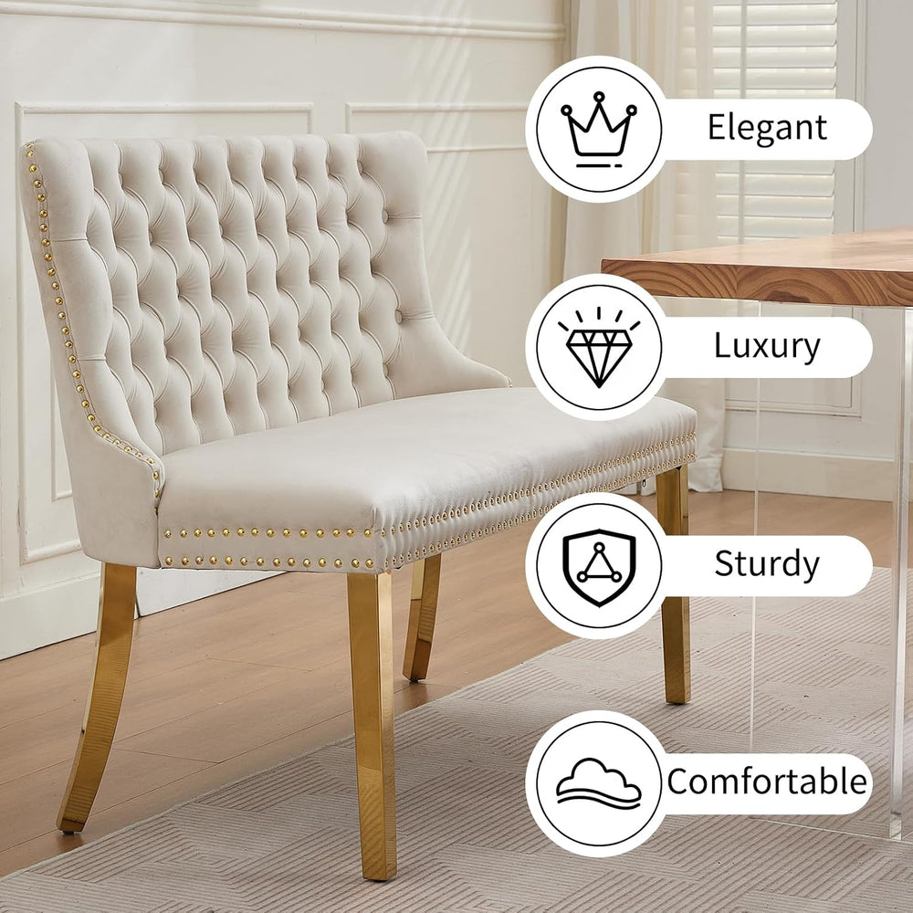 Beige Velvet Dining Bench with Back, Tufted Banquette Seating, Gold Legs | Up...