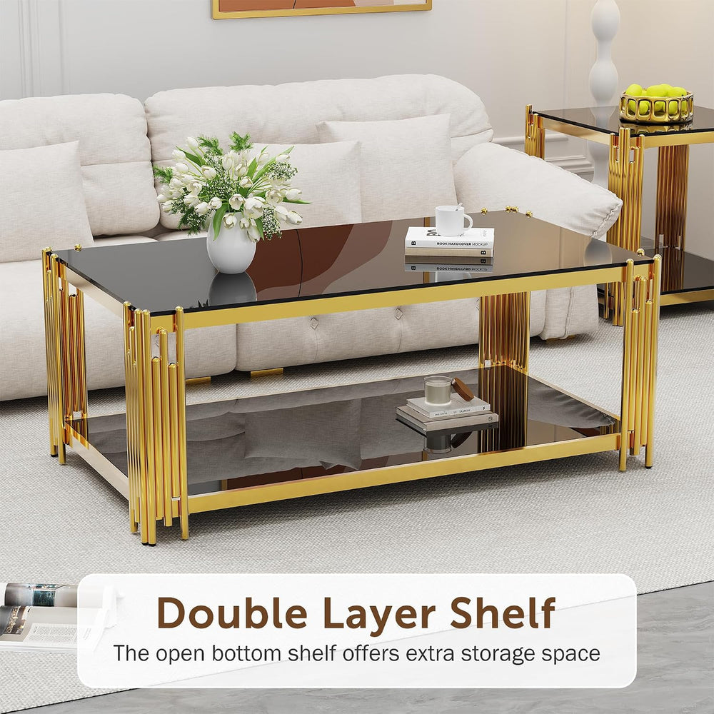 Glass Coffee Table Set of 3, End Table Modern Living Room Table Rectangle Cle...