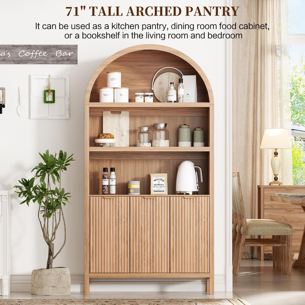 Ieejdn 71.34" Tall Arched Kitchen Pantry,Modern Fluted Wood Storage Cabi...