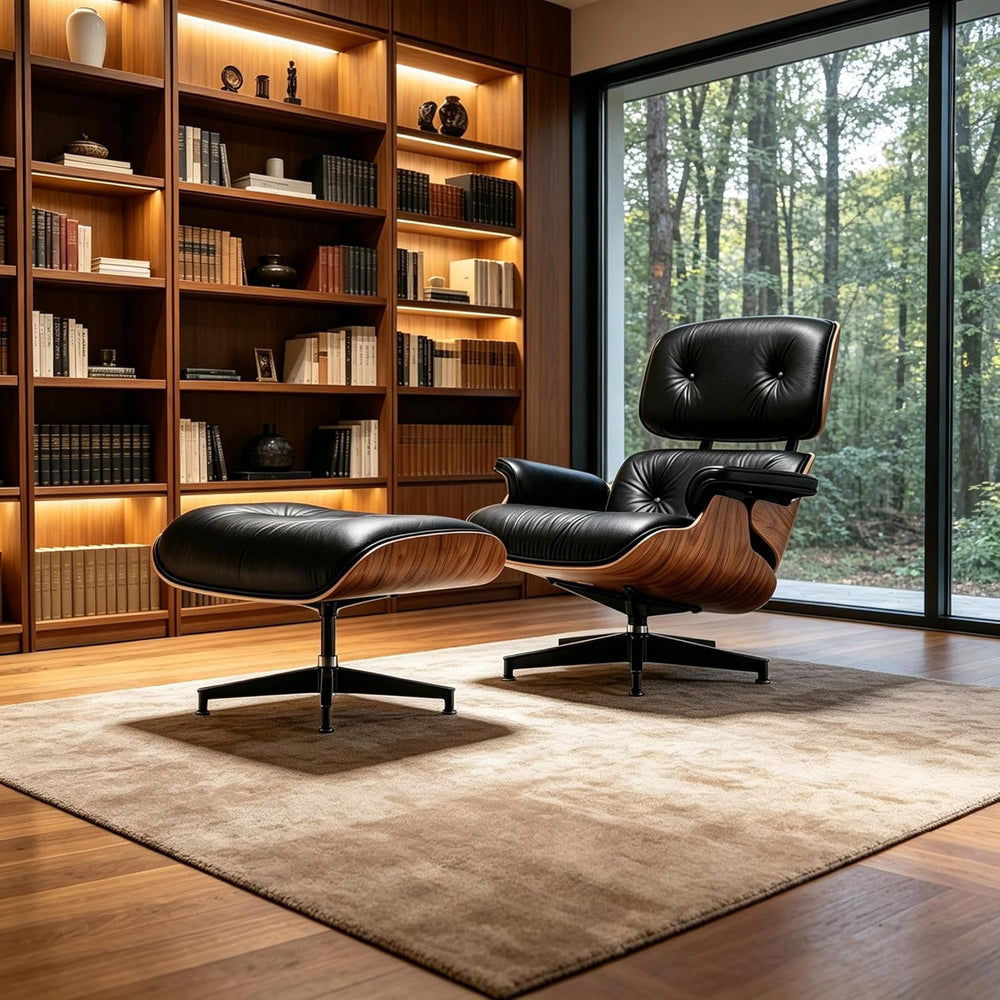 Mid Century Chaise Lounge Chair with Ottoman, Modern Retro Classic Design, PU...
