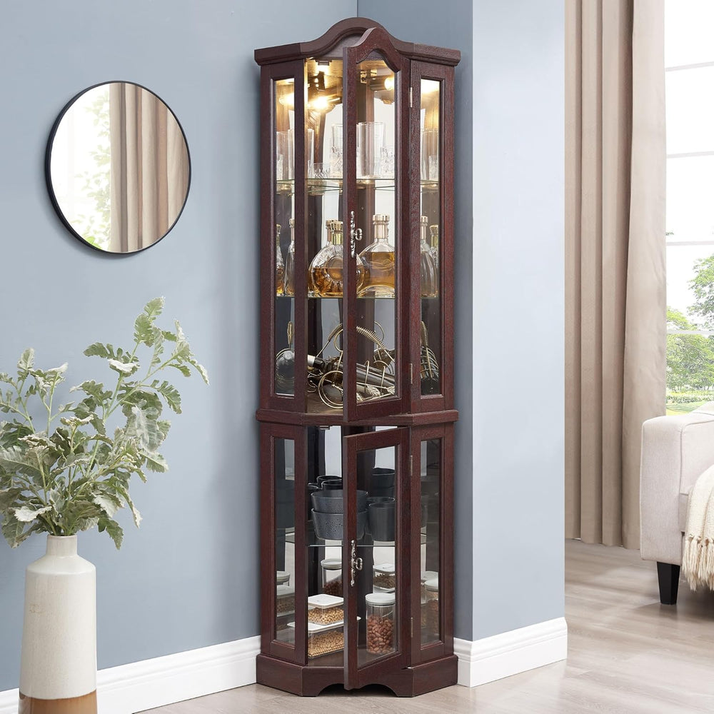 70" Lighted Corner Curio Cabinet,Inside Mirror Corner Glass Display Case...