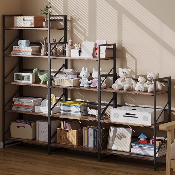 JSB No Assembly Folding Bookshelf, 4 Tier Industrial Metal Book Shelf for Sto...