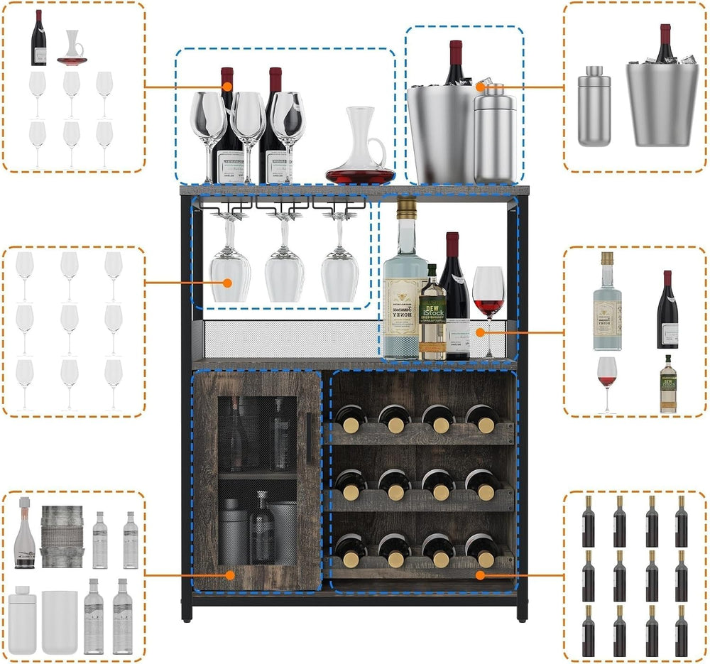 Takywep 3-Tier Wine Bar Cabinet with Removable Wine Rack, Glass Holder, Indus...