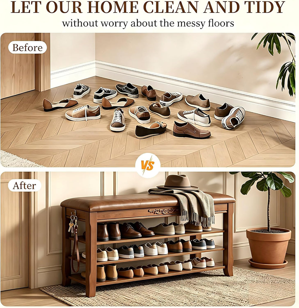 Shoe Rack Bench Entryway Storage with Leather Cushion, Shoe Organizer Bench f...