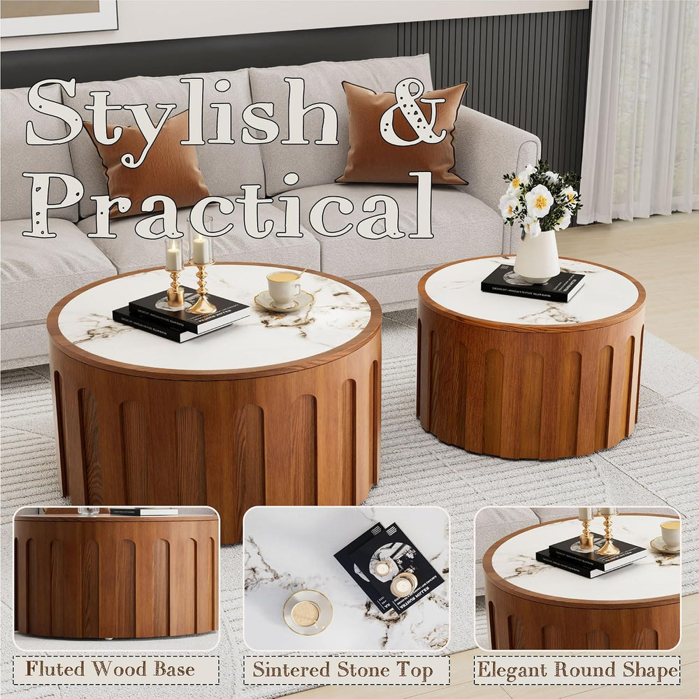 26.4" Round Nesting Coffee Table Set of 2, White | Fluted Wood Accent Ba...