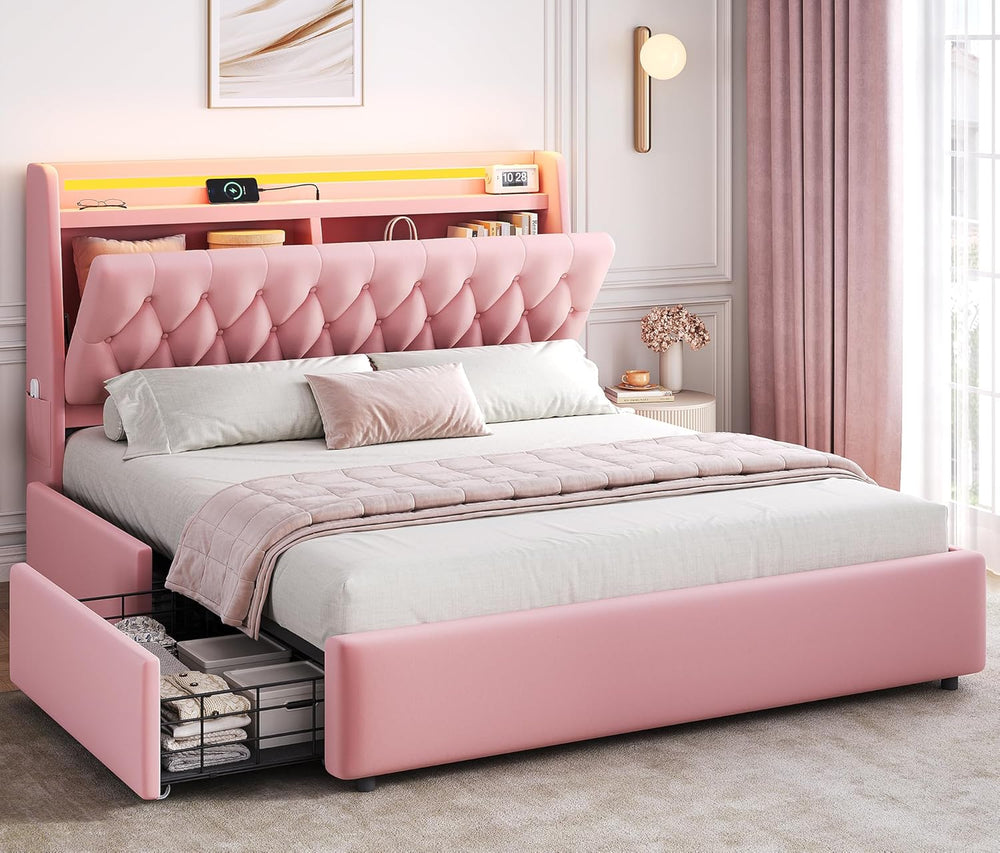 Queen LED Velvet Bed Frame with 2 Storage Drawers&Hidden Headboard, Uphol...