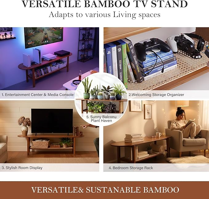 Tiita Bamboo TV Stand with Storage for TV up to 65 inch, Bamboo Rattan TV Con...