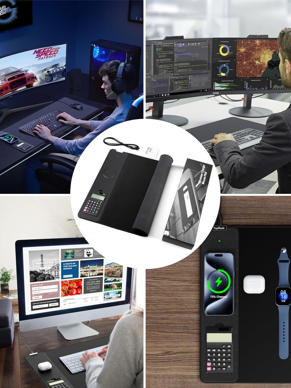 Mouse Pad with 15W Wireless Charging, Removable 8-Digit Solar Calculator
