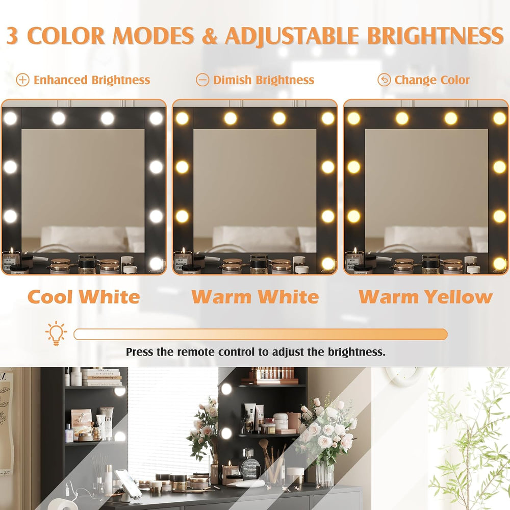 YESHOMY Vanity Desk with Mirror, Outlet, 10 Lights & 7 Drawers,Black | Li...