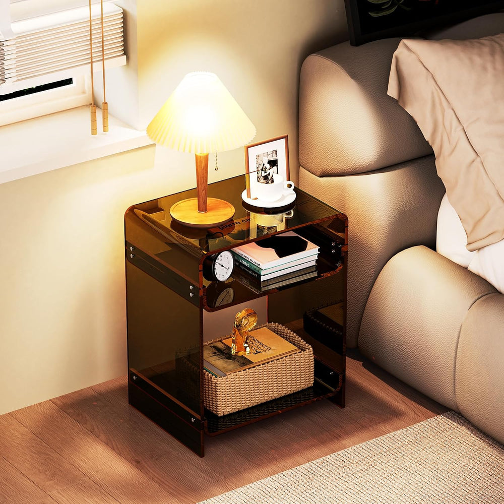 Acrylic End Table Record Player Table with Storage Shelf Clear Side Table Nig...