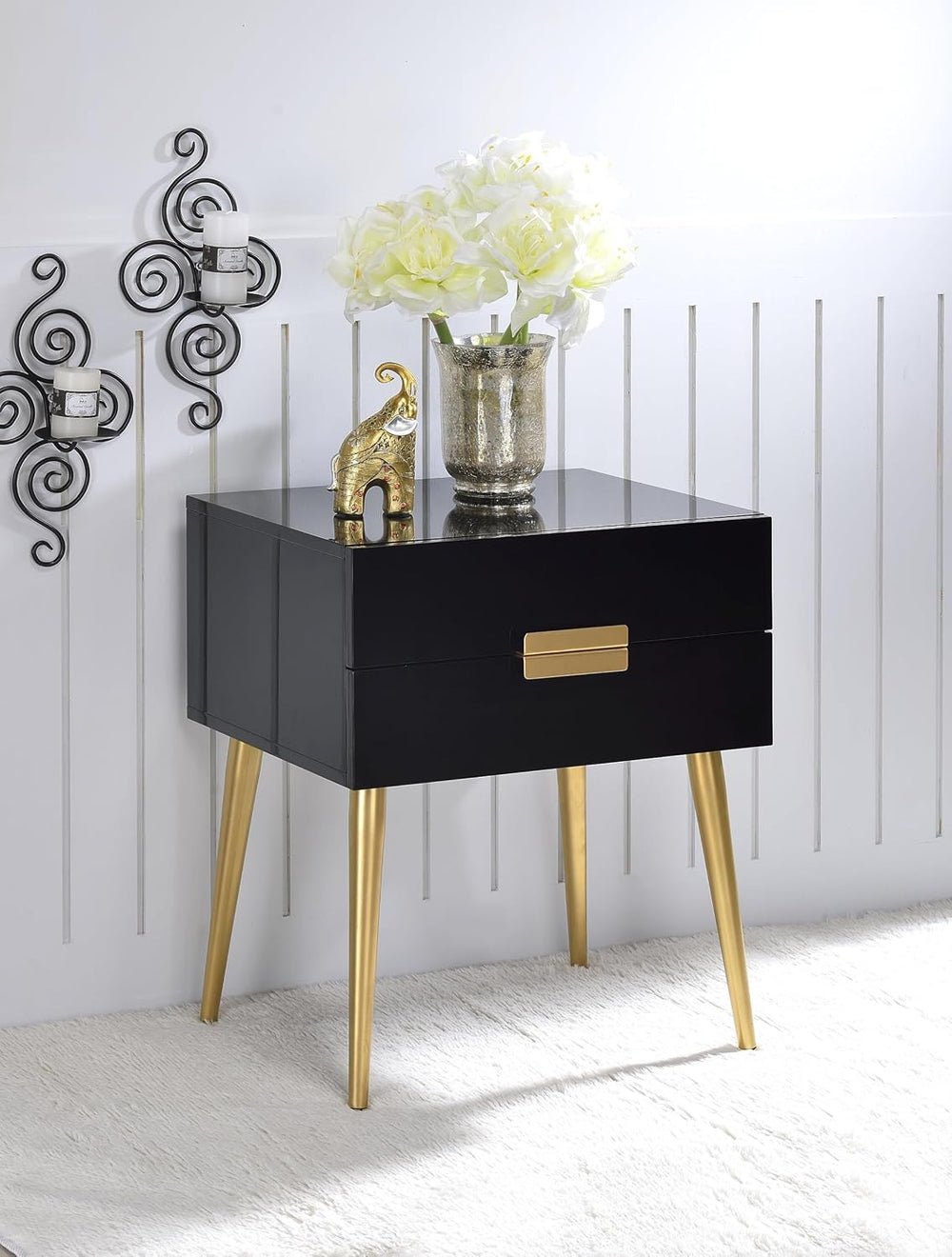 Penau Black and Gold End Table, Rectangular High Gloss Engineered Wood Top, M...