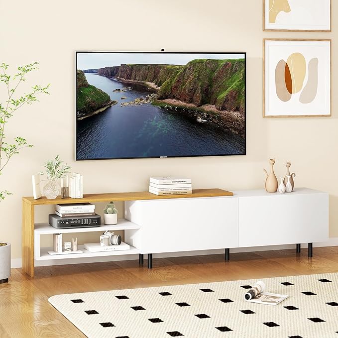 Tangkula Large White TV Stand for 80” TVs, Mid Century Modern Entertainment C...