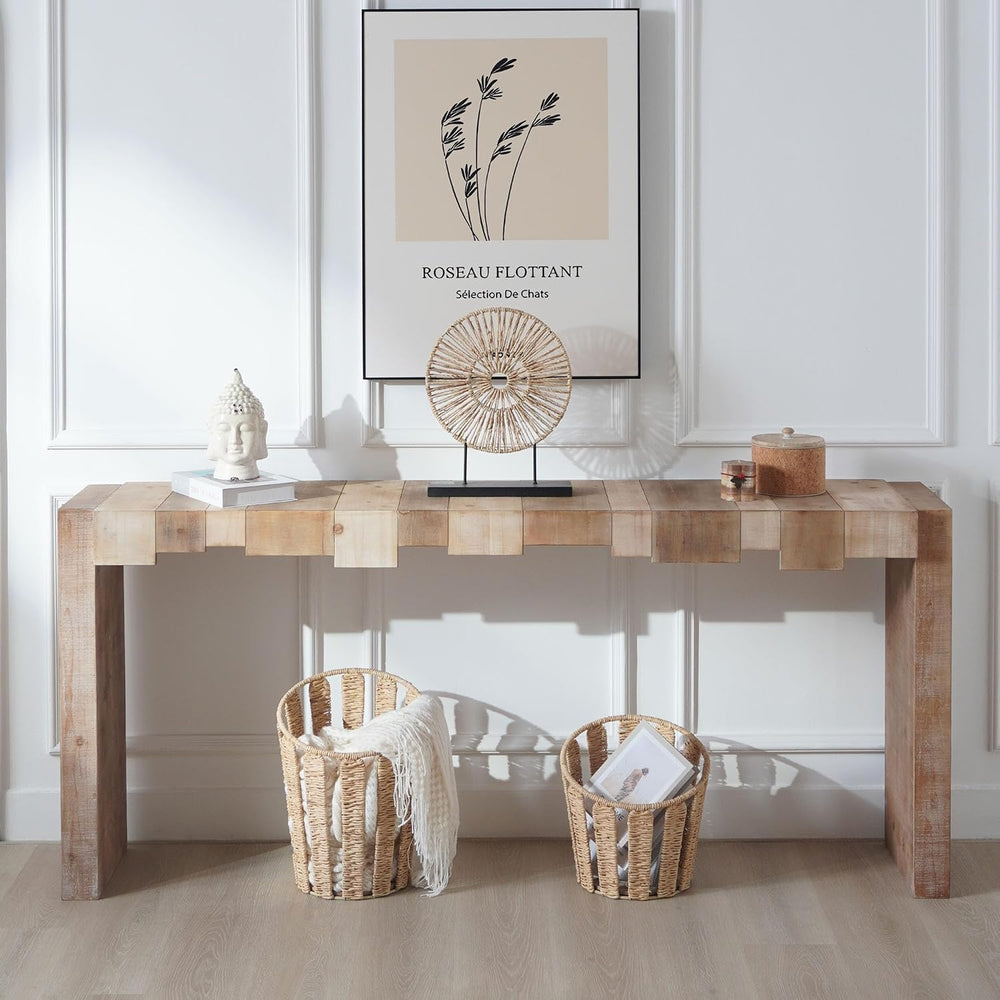 71" Rustic Wooden Console Table with Step-Block Design | Mid Century Mod...