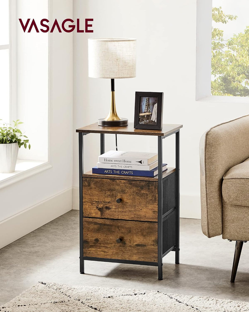VASAGLE Nightstand, 24-Inch Tall Side Table with 2 Fabric Drawers and Storage...
