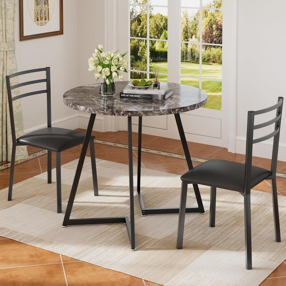 VECELO Small Round Dining Table Set for 2, Wood Tabletop with Strong Metal Fr...