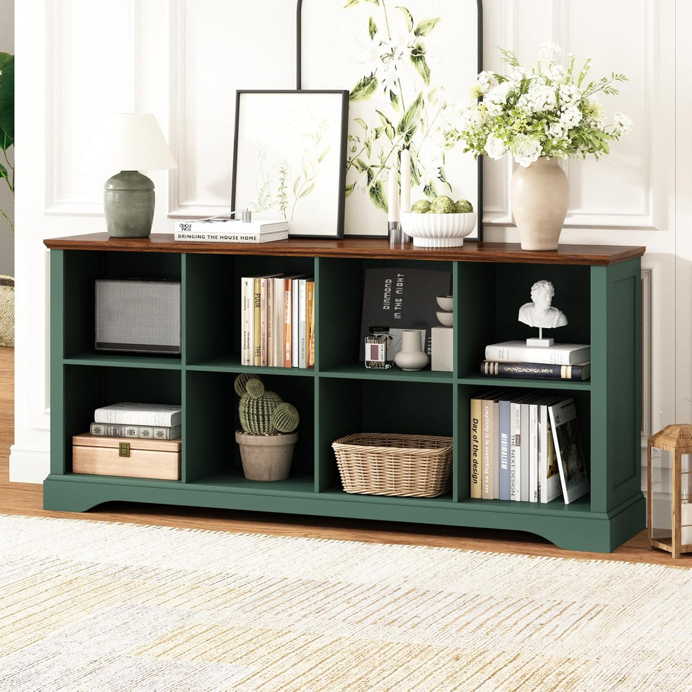 8 Cube Storage Organizer, 62" Long Low Horizontal Bookshelf, Green