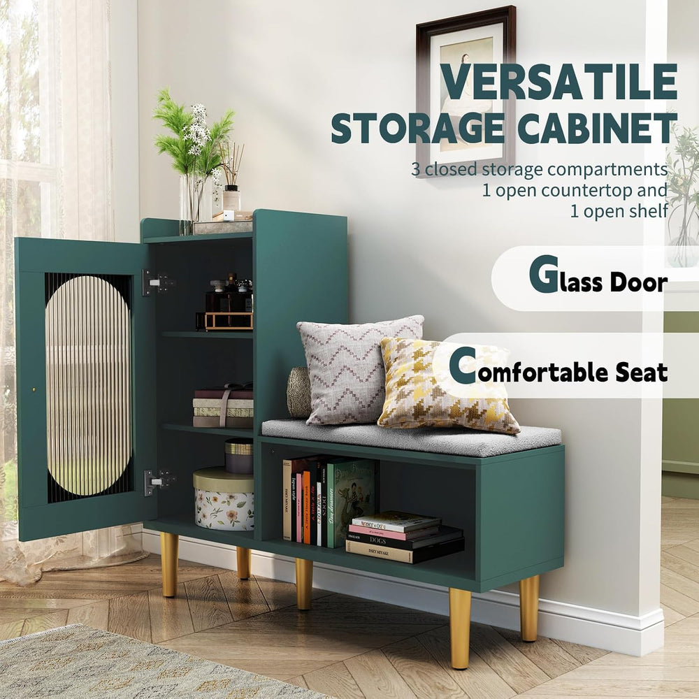 HLR Shoe Storage Bench with Glass Door&Shelf, L-Shaped Shoe Cabinet, Gree...