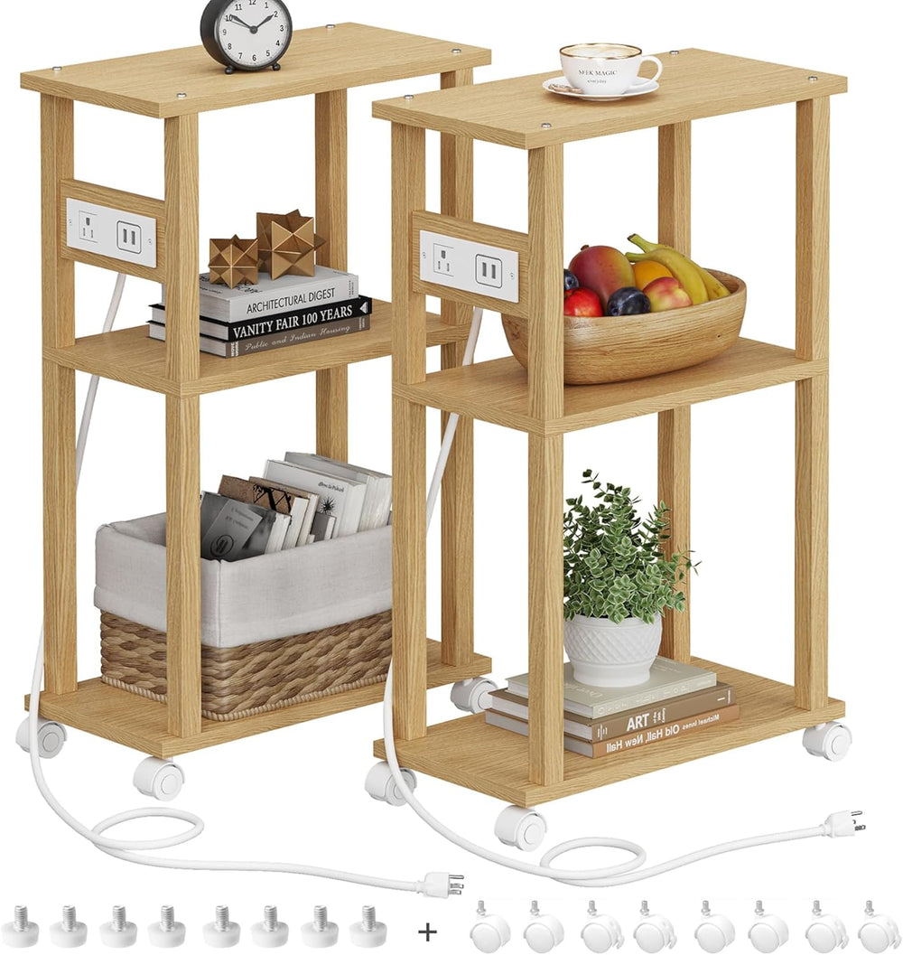 TUTOTAK Small Narrow Side Table with Charging Station, Skinny End Table for S...