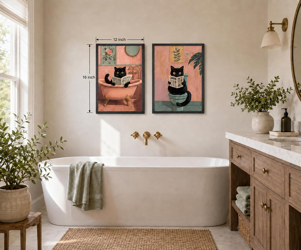 Funny Black Cat Bathroom Wall Art, Framed Set of 2, 12x16 in