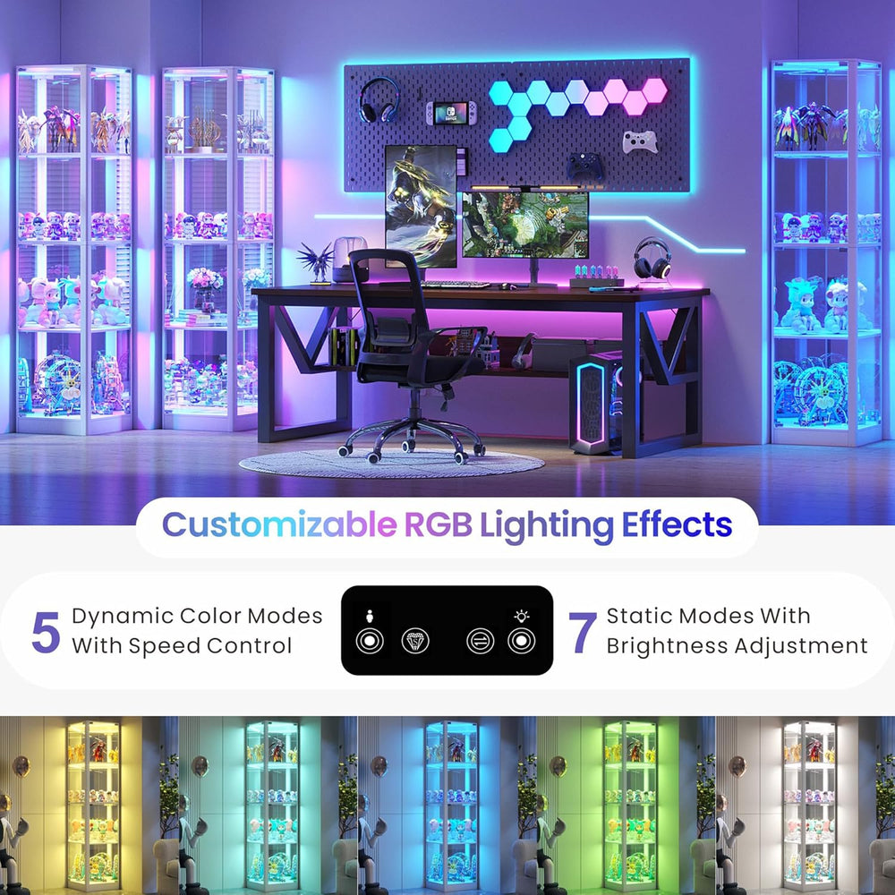Corner Glass Display Cabinet with RGB Lights, 68" Curio Cabinet with Gla...