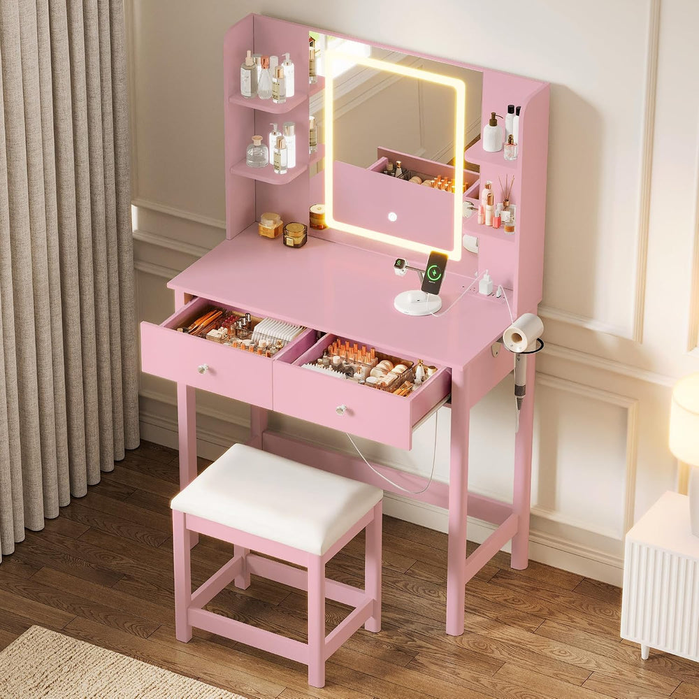 Vanity Desk with LED Mirror, 3 Lighting Modes and Chair | Small Makeup Vanity...