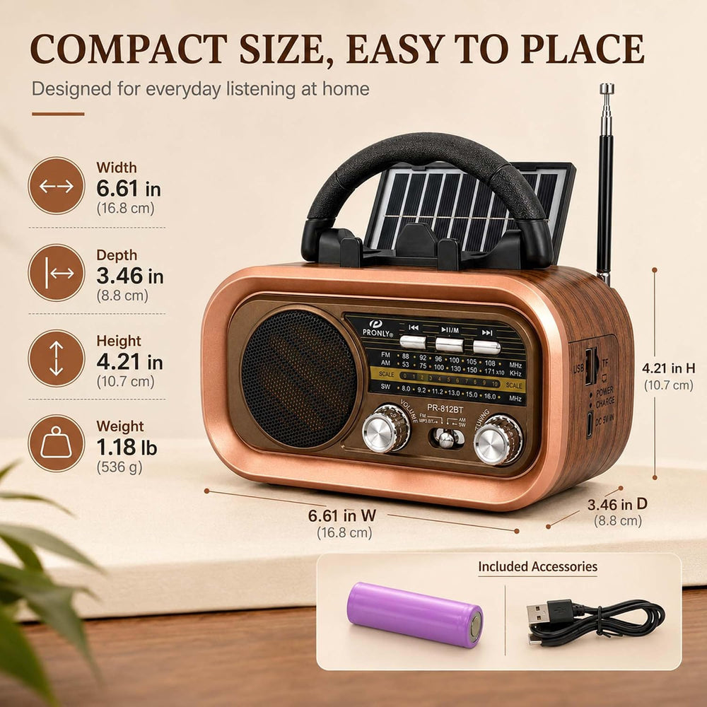 812BT Portable AM FM SW Radio with Bluetooth, TF Card/USB Playback