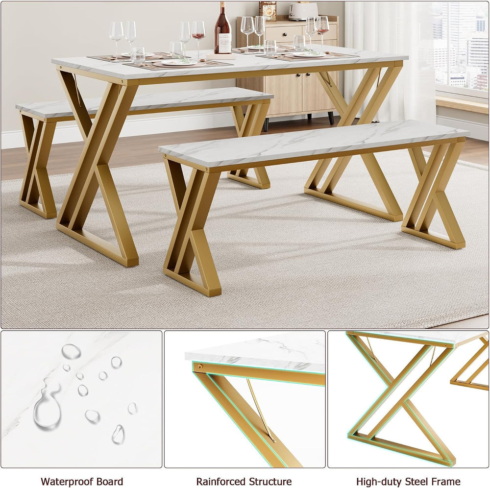 GarveeHome Kitchen Table with 2 Benches, Dining Table Set for 4 | Unique X-Sh...
