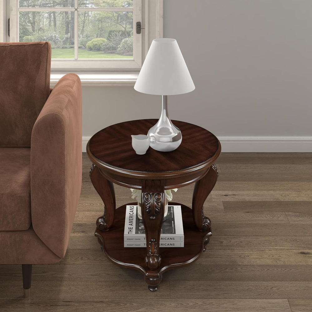 22'' Retro Round End Table,Solid Wood Sofa Side Table with Shelf,Livi...
