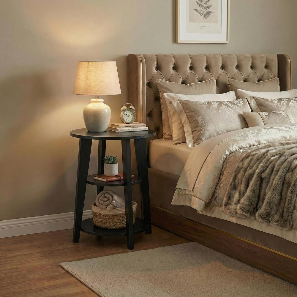 3-Tier Round Side Table - 23.6" Tall End Table with Storage Shelves - Wa...