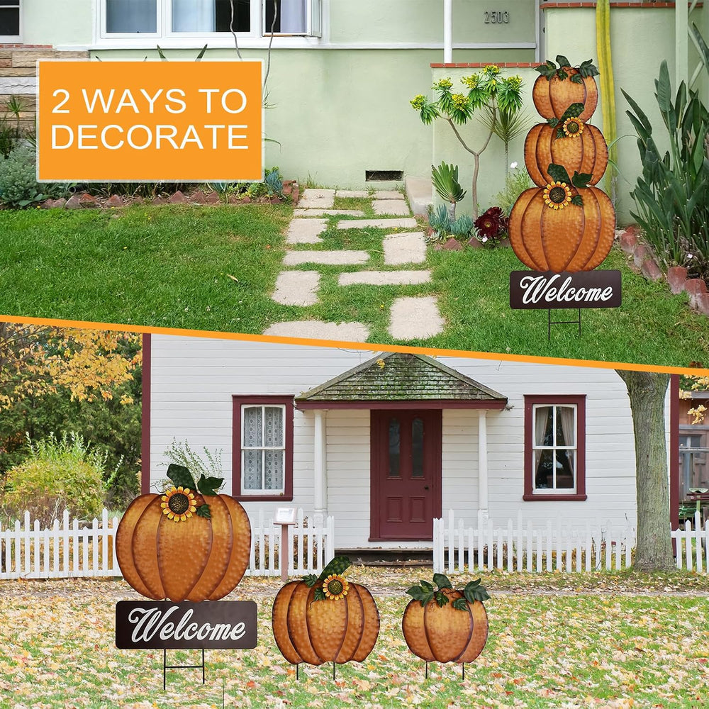 Metal Fall Pumpkin Stake Decorative Stacked Pumpkins Yard Welcome Sign