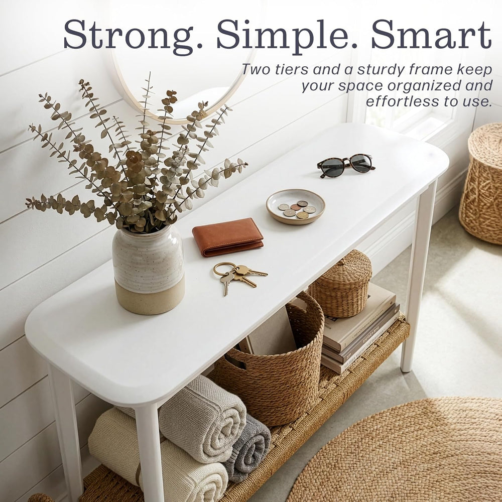 Calais Solid Wood Console Table with Woven Storage Shelf, White, 48 Inch | 2-...