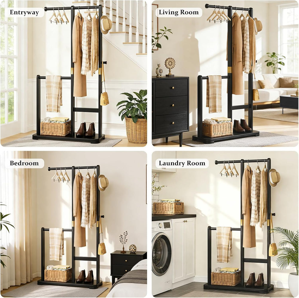 Solid Wood Coat Rack, Freestanding Standing Clothes Rack with Double Hanging ...