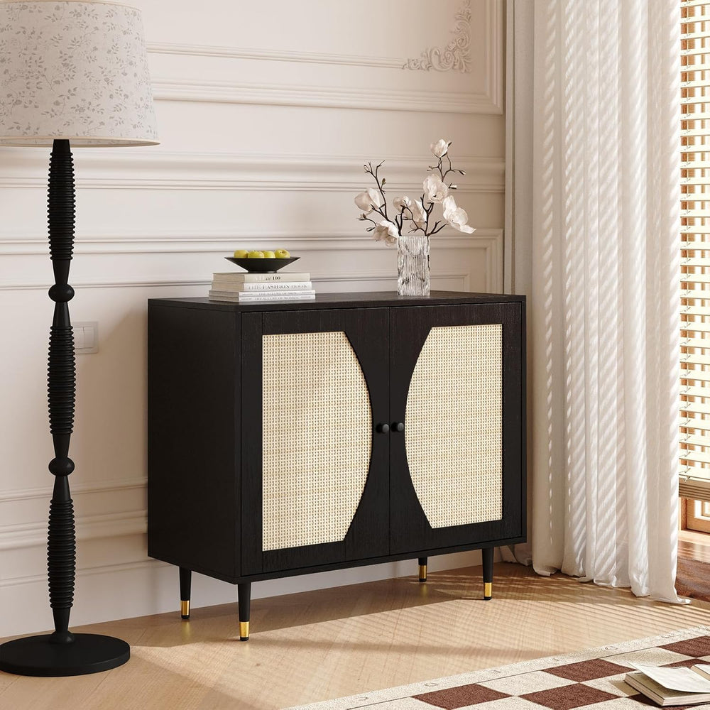 4ever2buy Rattan Buffet Cabinet with Storage, Black Sideboard Cabinet with Ra...