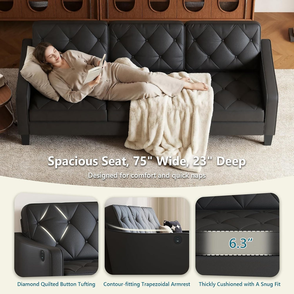 83" Black Faux Leather 3 Seater Couch, Mid Century Tufted Sofa Living Ro...
