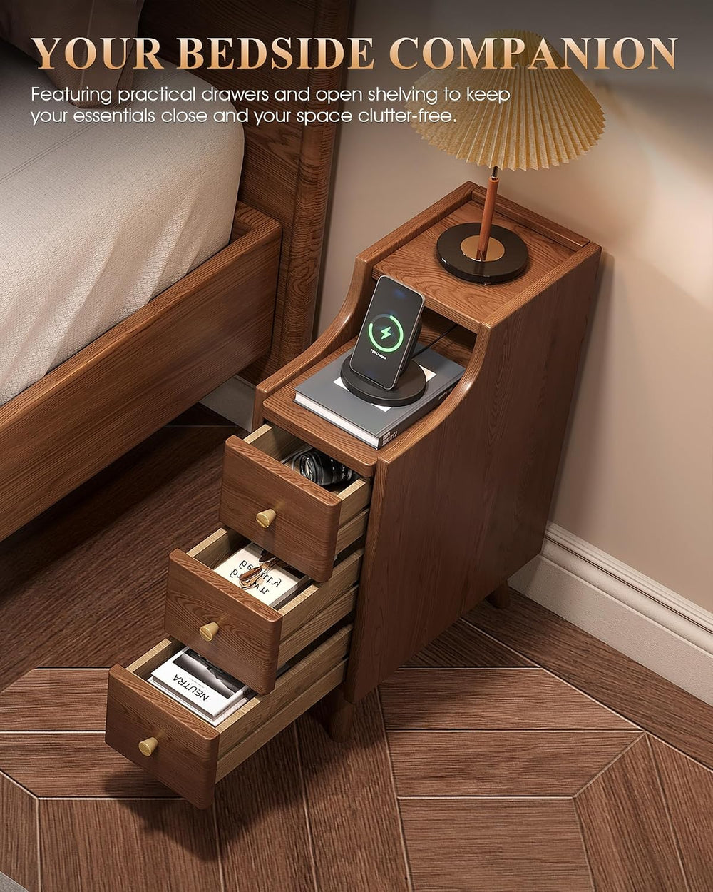 IUNVR Narrow Nightstand with 3 Drawers, Solid Wood Slim Bedside Table | 7.9&q...