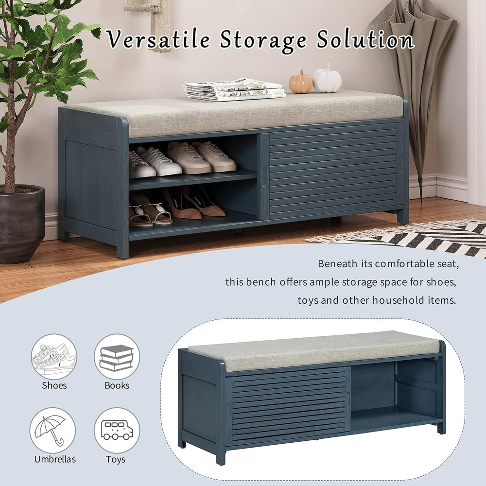 LUMISOL Shoe Bench with Storage and Cushion, Farmhouse Distressed Shutter Sto...