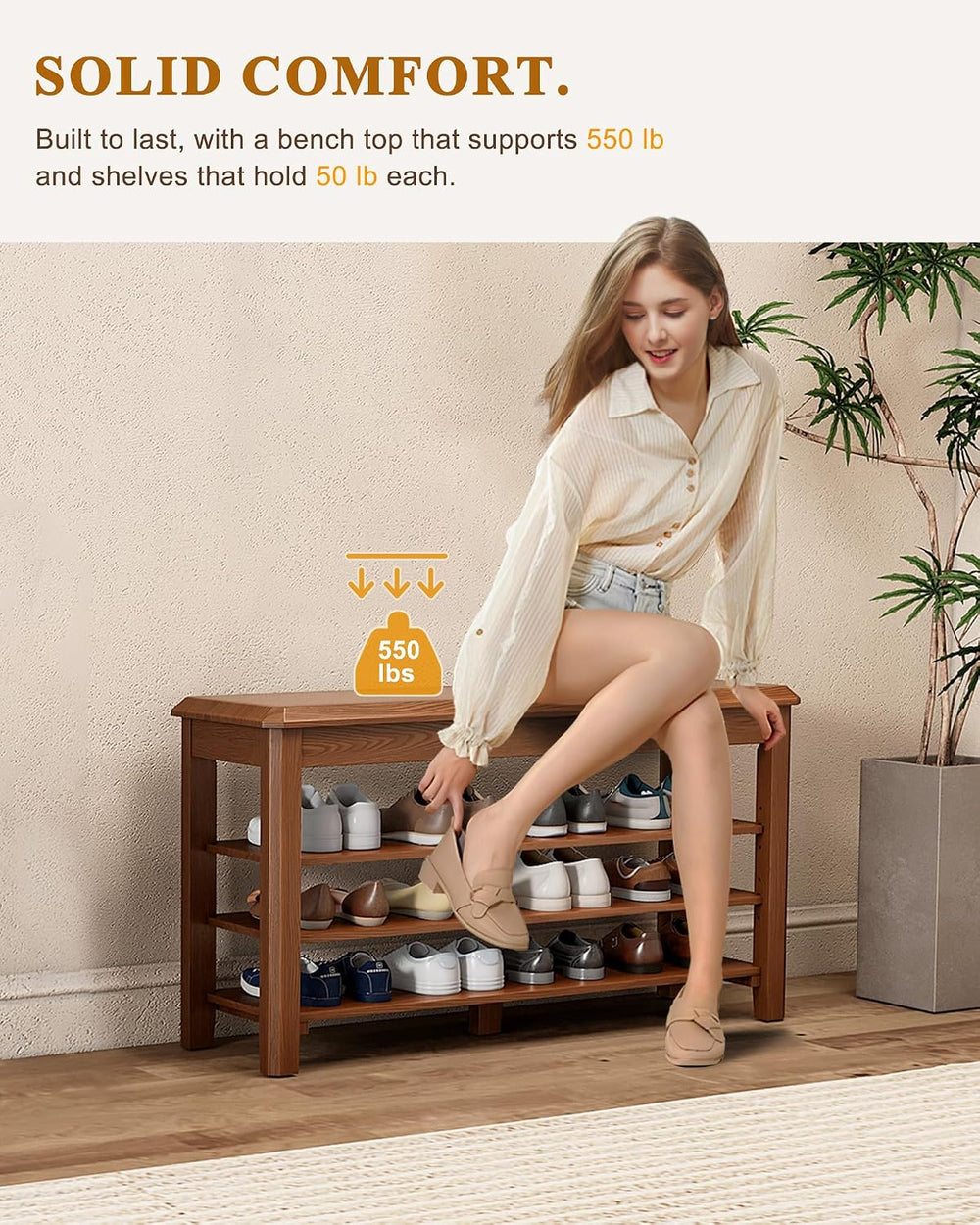IUNVR Shoe Rack Bench Seat Rubberwood 3-Tier Wooden Storage Bench 550lbs Comp...