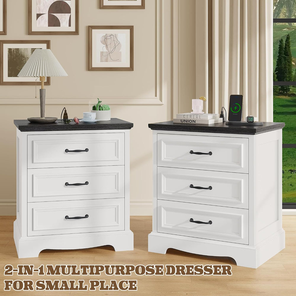 21.7W Farmhouse Nightstand Set of 2 with Charging Station,White End Table wit...
