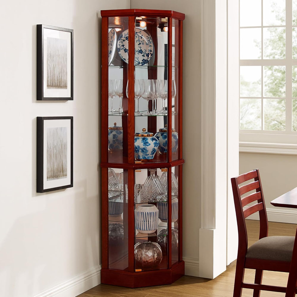 Corner Curio Cabinet, 70" Tall Lighted Glass Display Cage with Tempered ...