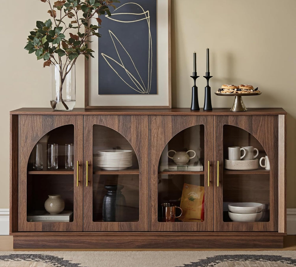 FORTUNETEC 64" Sideboard Buffet Cabinet with Arched Glass Doors,Dark Walnut