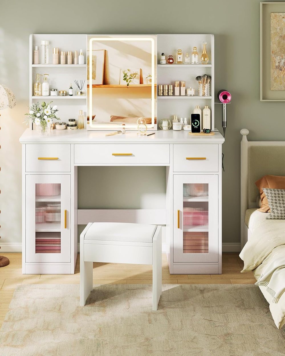 Memobarco 43.5-inch Large White Makeup Vanity Desk with Sliding Mirror | Smar...