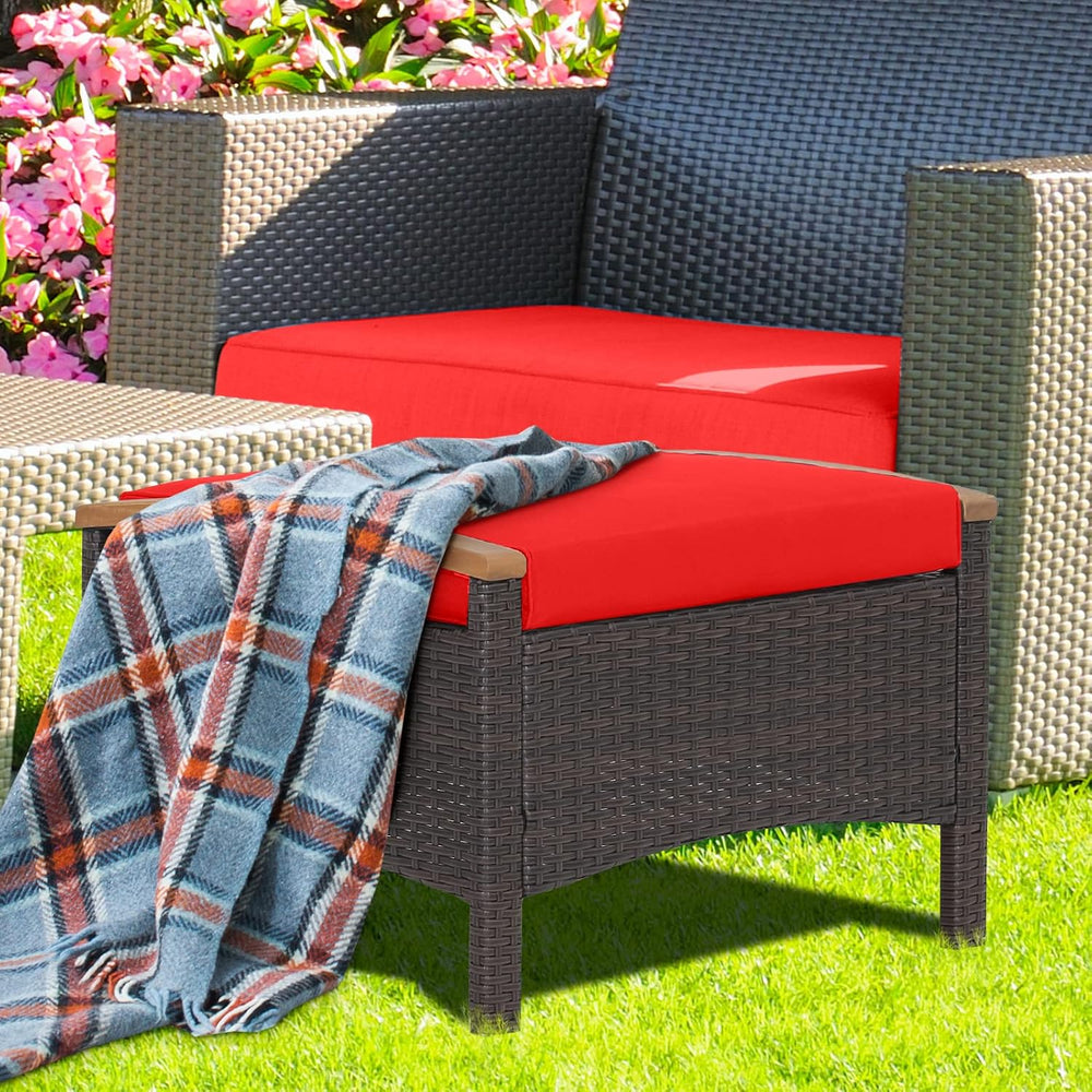 Tangkula 2 Piece Patio Rattan Ottomans, Outdoor Wicker Footstool w/Acacia Woo...